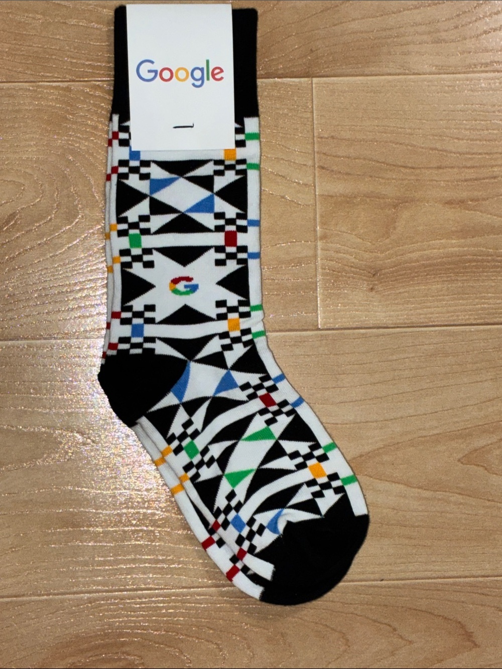 Unisex google Black Geometric Crew Socks with Multicolor Accents